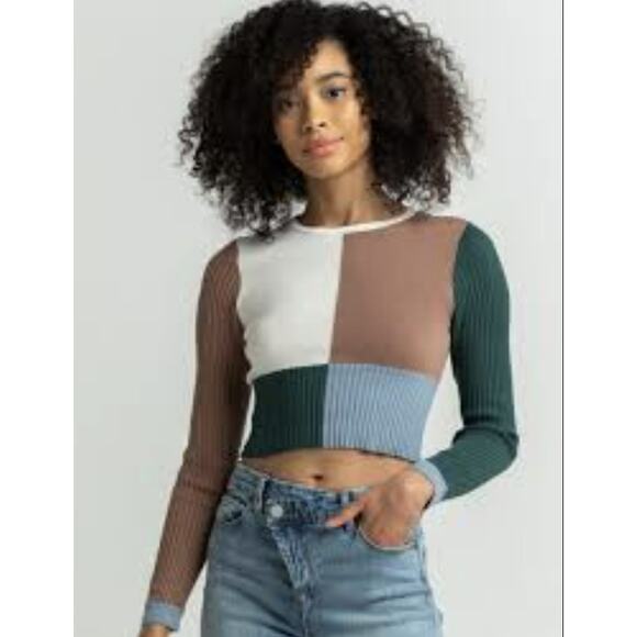 Tillys Colorblock Crop Sweater WMNS M Multi Color Full Tilt Long Sleeve Crewneck - Picture 2 of 8